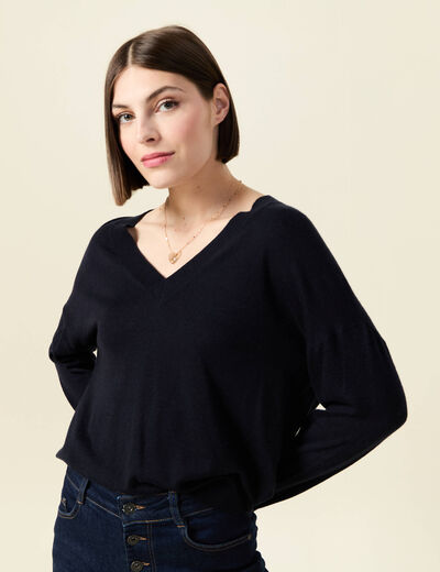 Pull fin col V manches longues bleu foncé femme