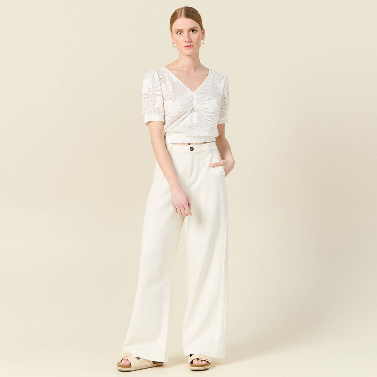 T-shirt manches courtes ajouré creme femme