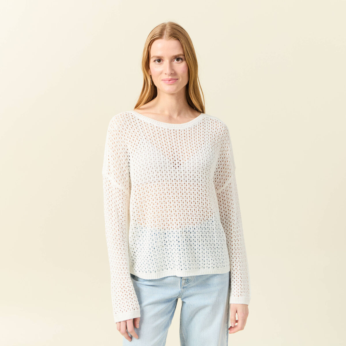 Pull manches longues ajouré ecru femme