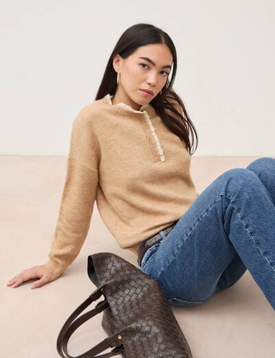 Pull col tunisien manches longues marron clair femme