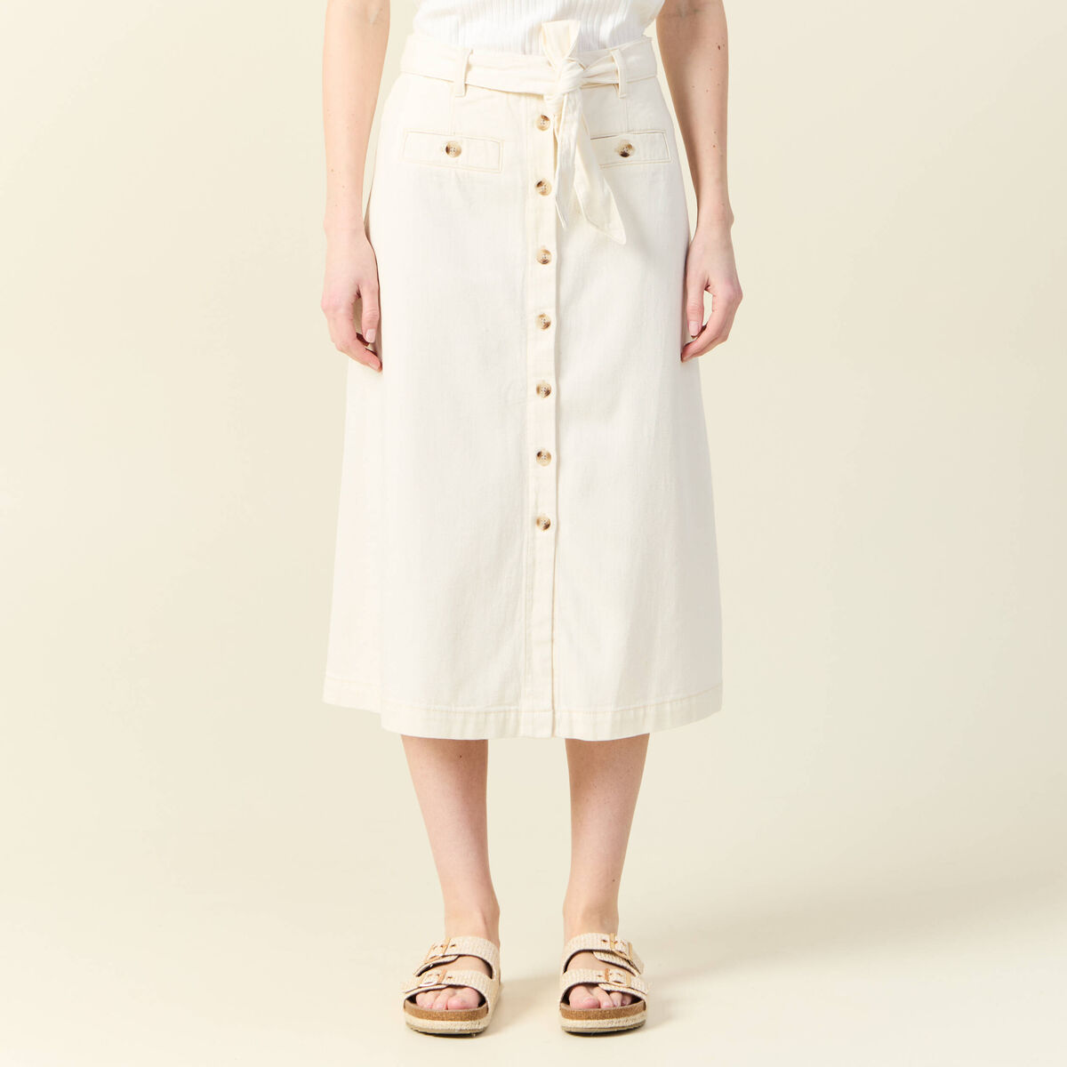 Jupe midi trap&egrave;ze denim blanc femme
