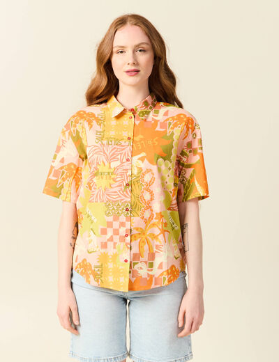 Chemise manches courtes orange corail femme