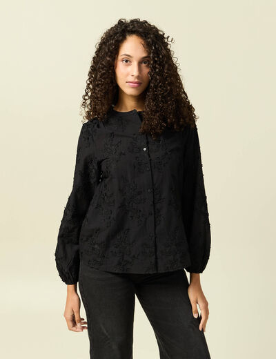 Chemise manches longues broderie coton noir femme