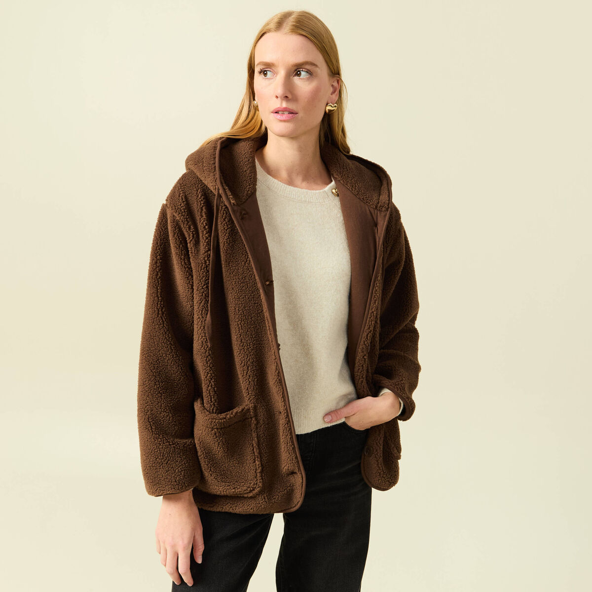 Gilet droit mi-long effet polaire marron fonc&eacute; femme