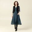Robe longue évasée manches 3/4 bleu canard femme