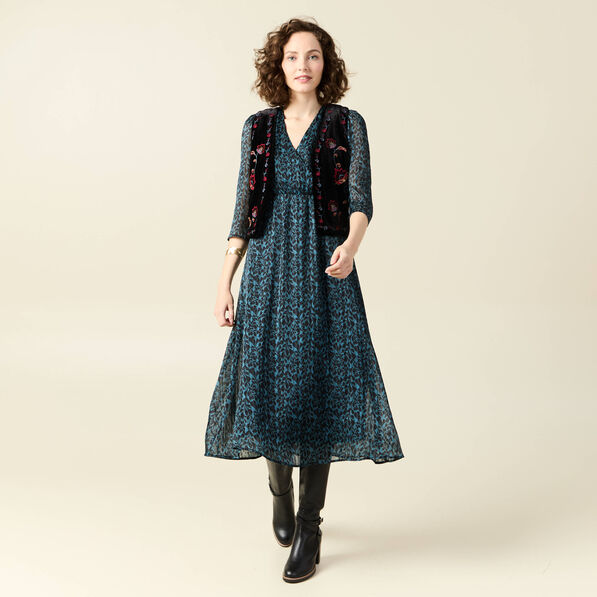 Robe longue évasée manches 3/4 bleu canard femme