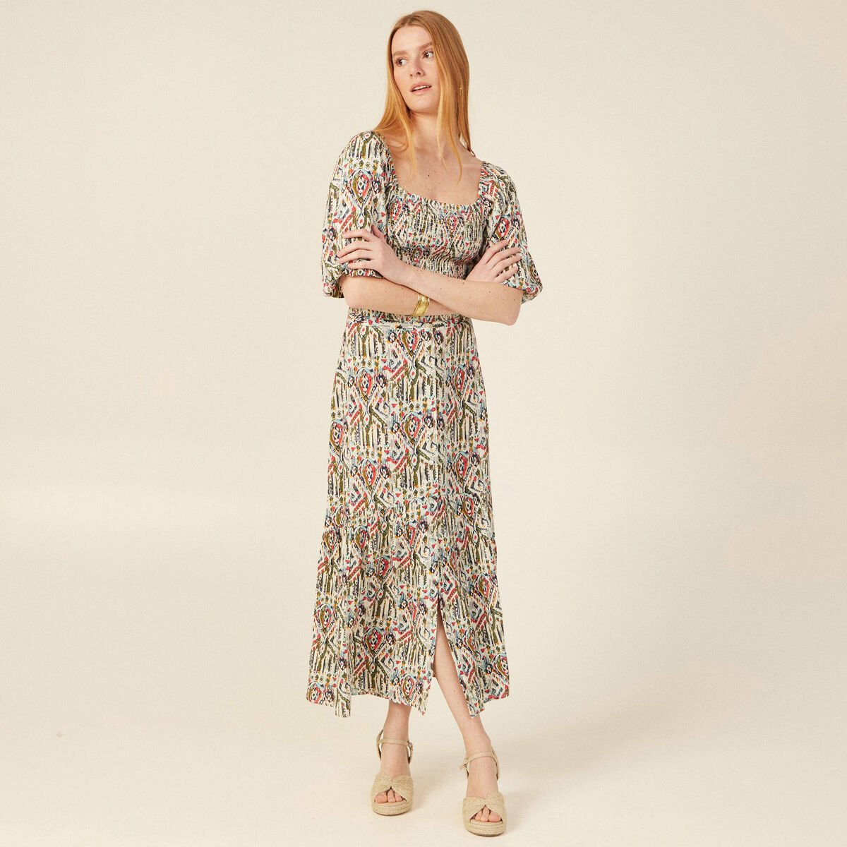 Blouse manches courtes smockée multicolore femme