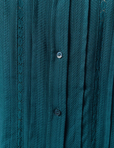 Blouse droite courte d&eacute;tail dentelle bleu canard femme
