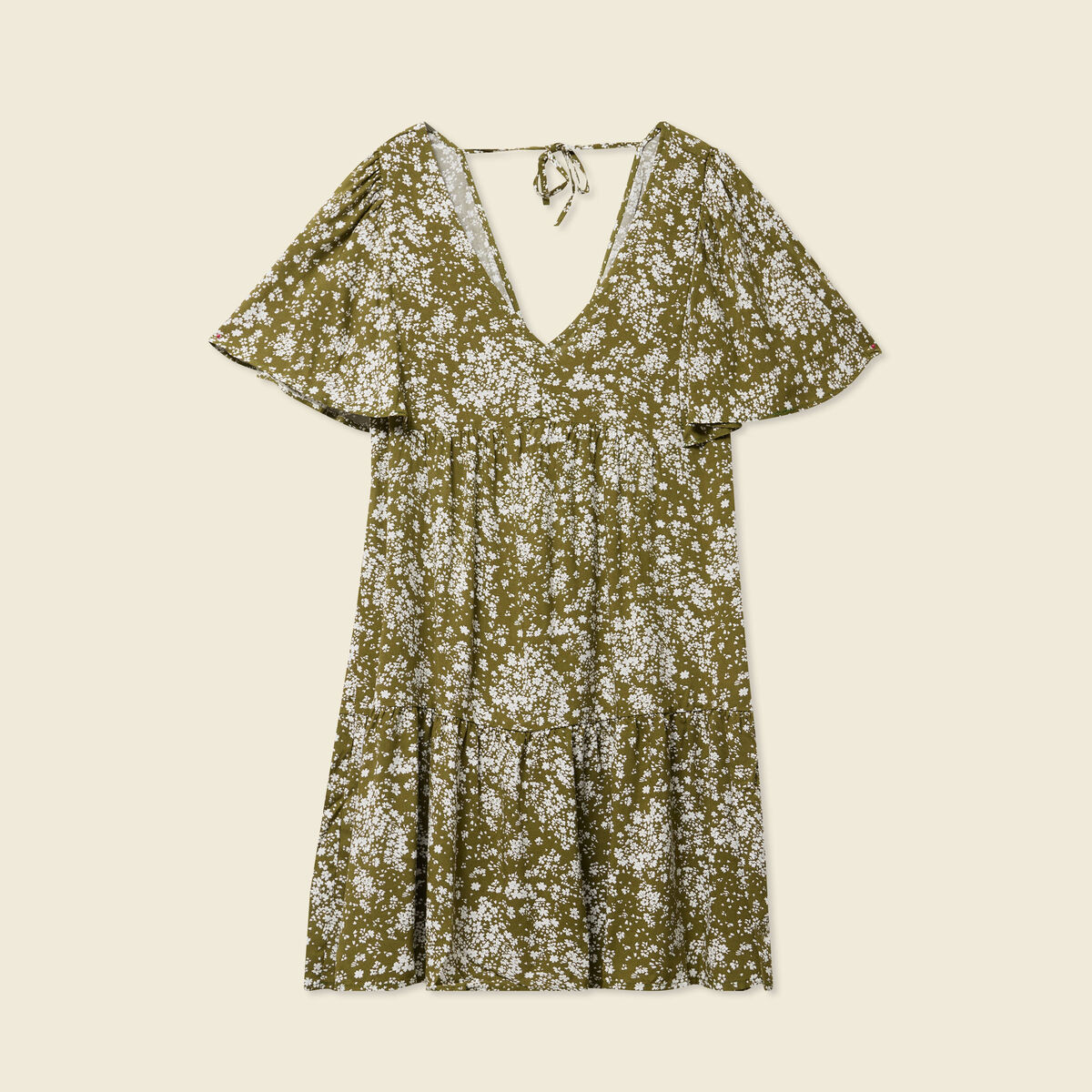 Robe évasée manches courtes vert olive femme