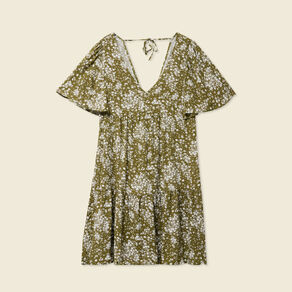 Robe évasée manches courtes vert olive femme