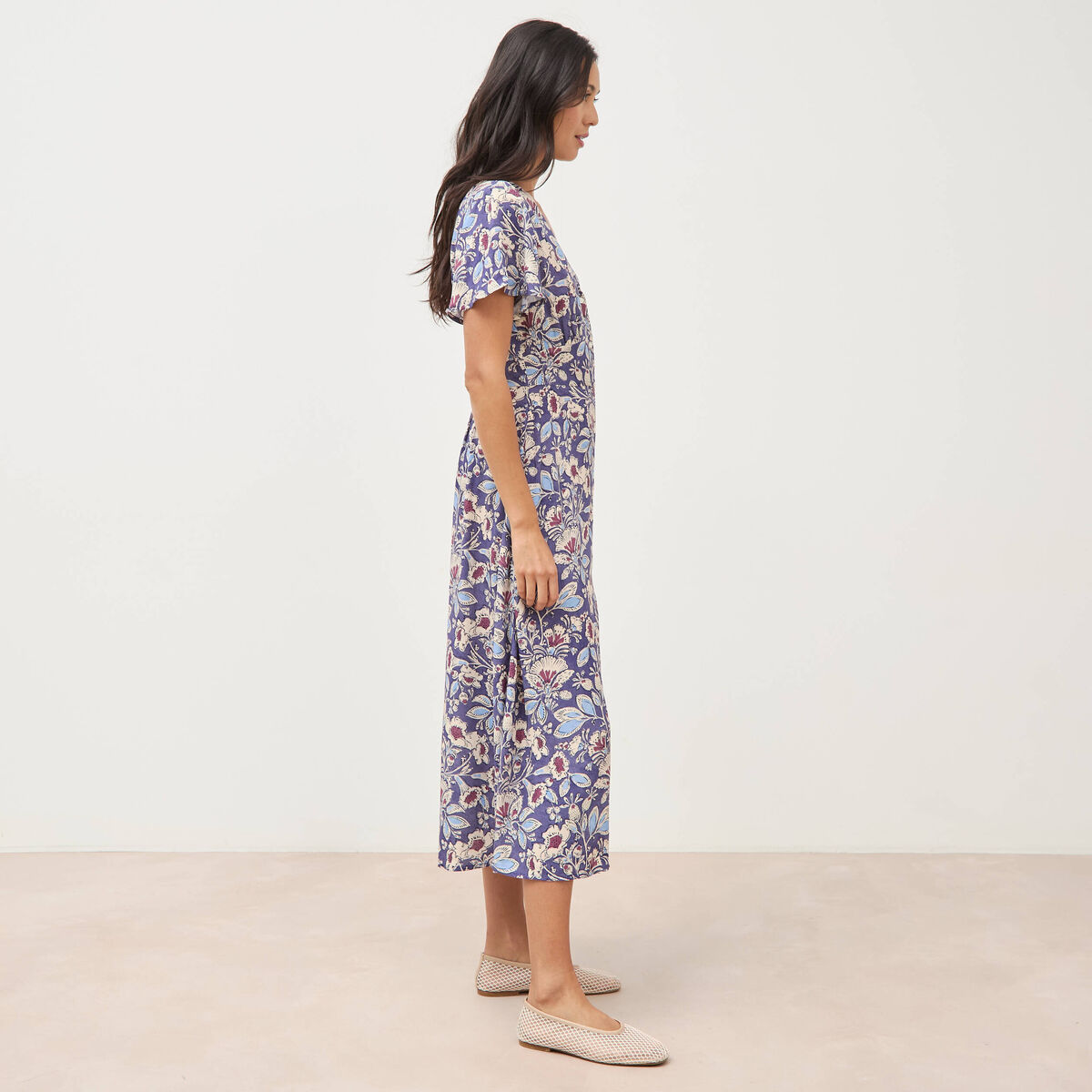 Robe droite 3/4 col v manches courtes bleu femme