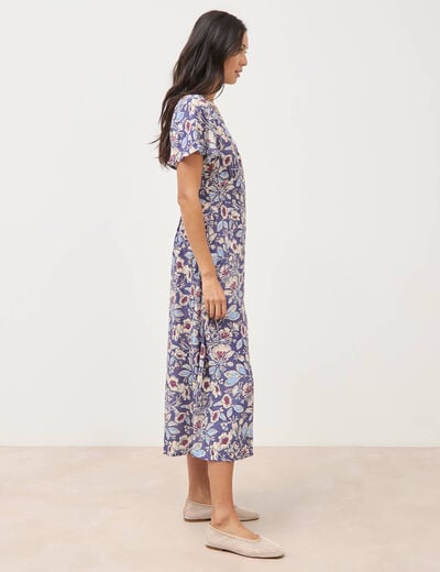 Robe droite 3/4 col v manches courtes bleu femme