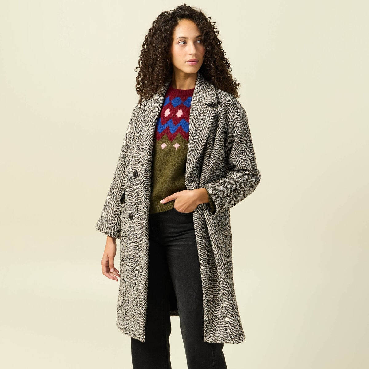 Manteau oversize col montant gris fonc&eacute; femme