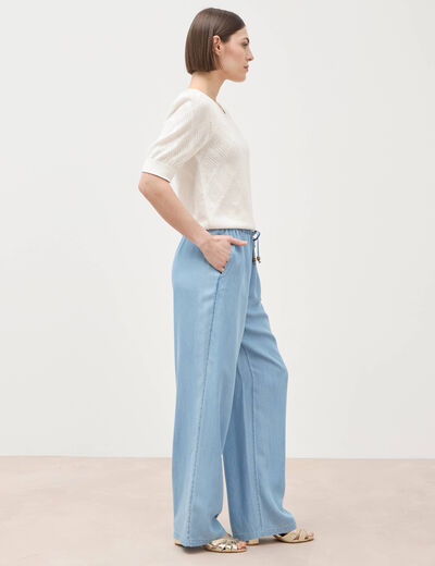 Jeans taille &eacute;lastique coupe droite denim bleach femme