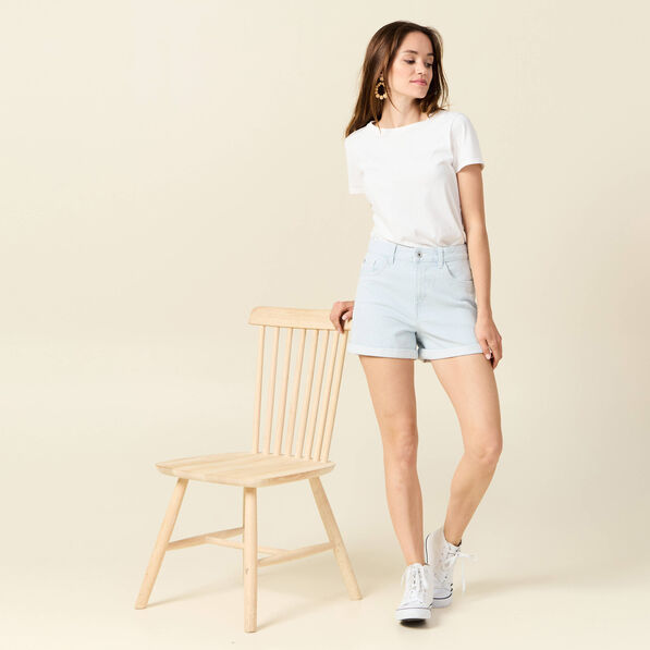 short mom en jean denim bleach femme Short mom en jean denim bleach femme