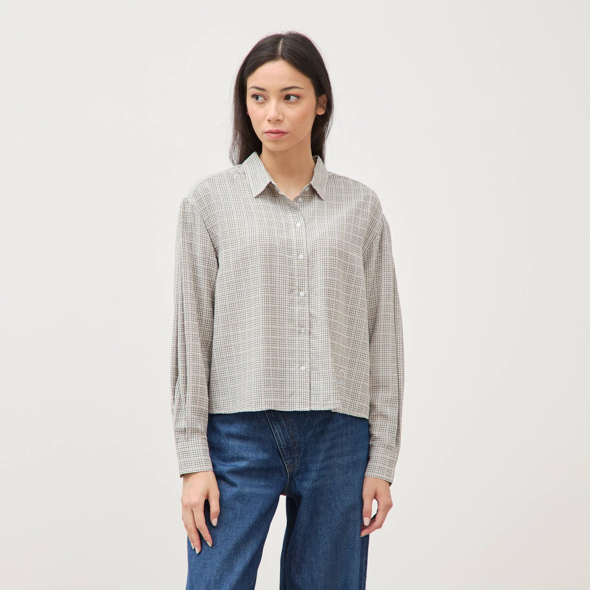 Chemise droite manches longues ray&eacute;e bleu gris femme
