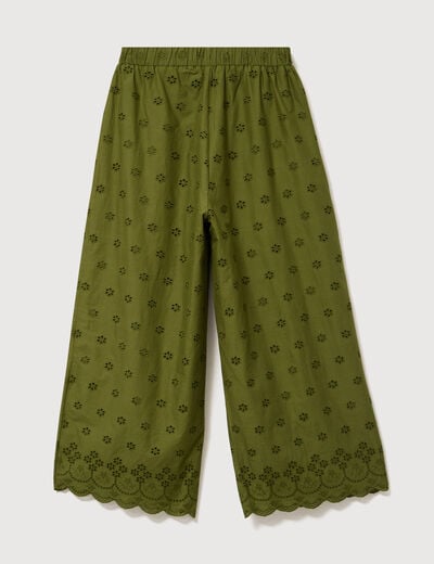 Pantalon droit 7/8&egrave;me brod&eacute; vert kaki femme