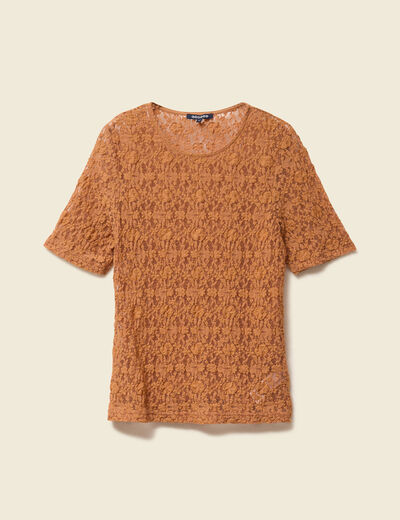 T-shirt cintré col rond dentelle terracotta femme