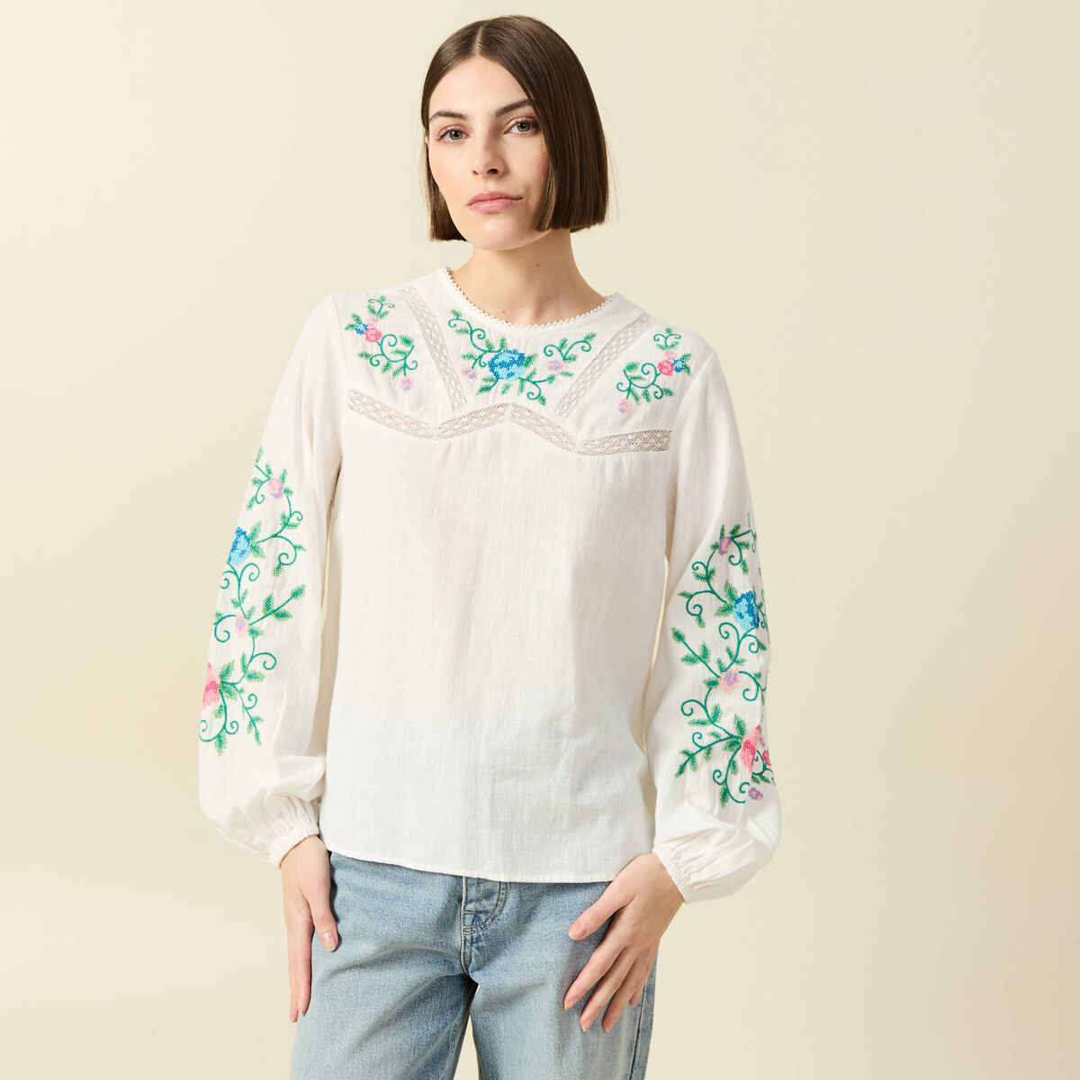 Chemise bord&eacute;e en coton manches longues ecru femme