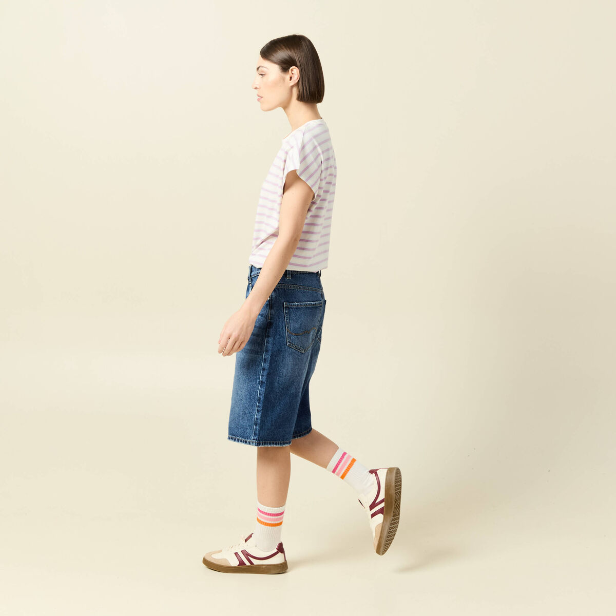 Bermuda large taille haute en coton denim stone femme