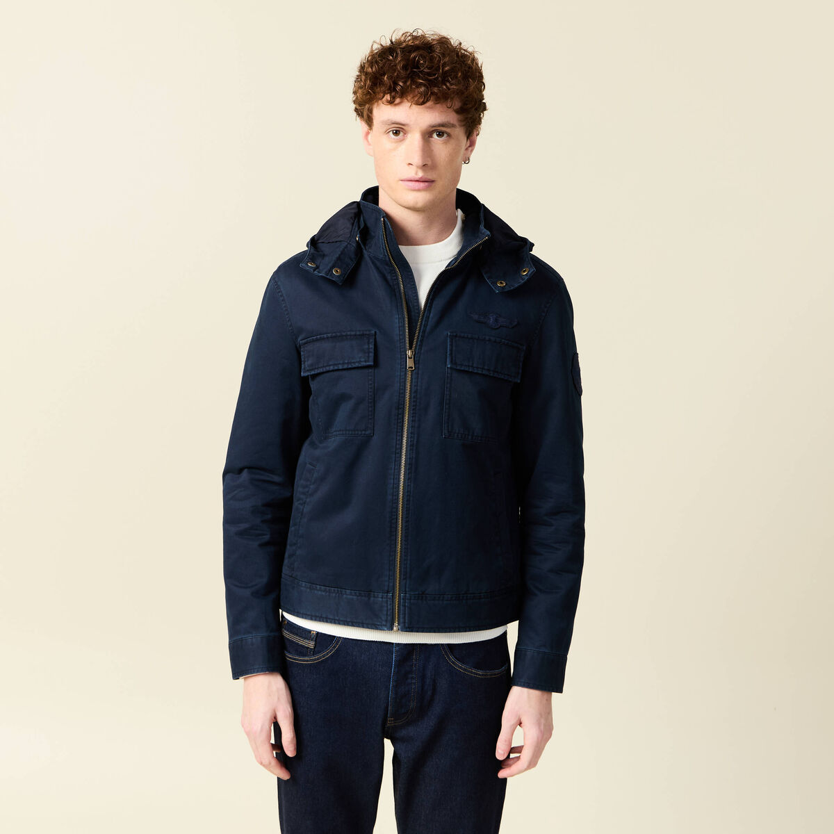 Blouson col montant &agrave; capuche bleu marine homme