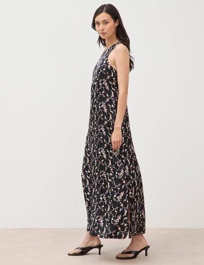 Robe longue droite sans manches col v noir femme