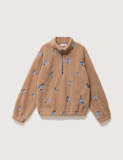 Sweat bouclette sherpa col montant taupe femme