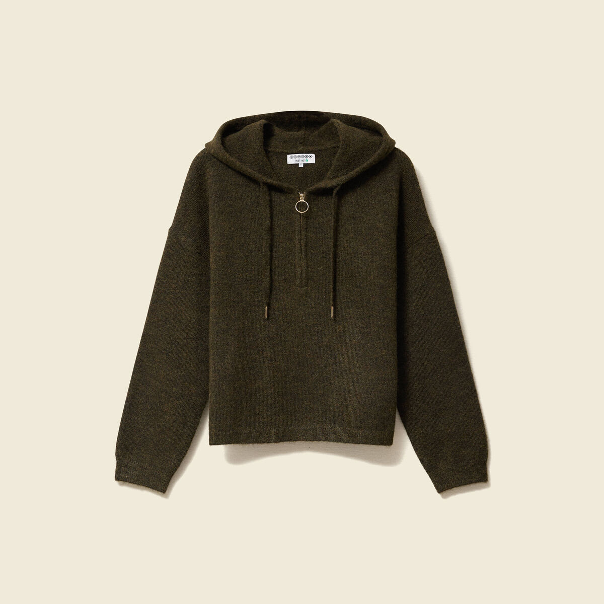 Pull &agrave; capuche zipp&eacute; vert kaki femme