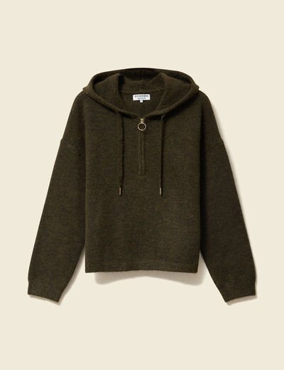 Pull &agrave; capuche zipp&eacute; vert kaki femme