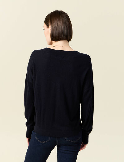 Pull fin col V manches longues bleu foncé femme