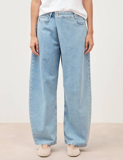 Jeans wide leg cropped taille bascul&eacute;e bleu ciel femme
