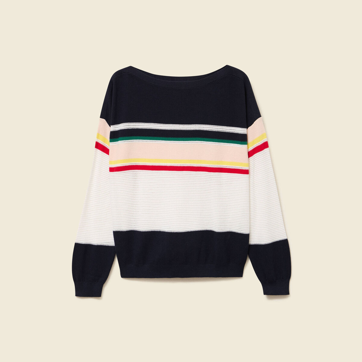 Pull col bateau manches longues en coton bleu marine femme
