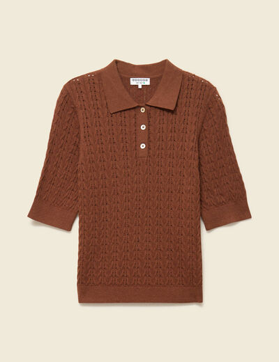 Polo col polo manches coude en coton marron fonc&eacute; femme