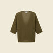 Pull ajour&eacute; col v manches 3/4 vert olive femme