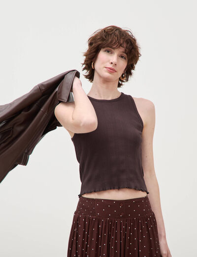 D&eacute;bardeur bretelles col rond en coton marron fonc&eacute; femme
