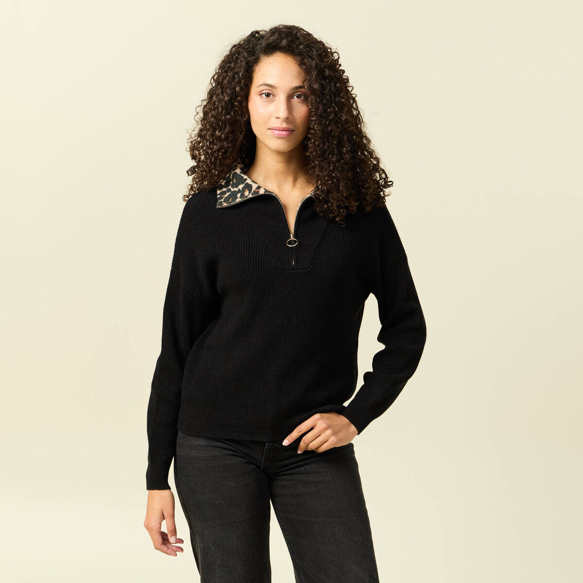 Pull col camionneur manches longues noir femme