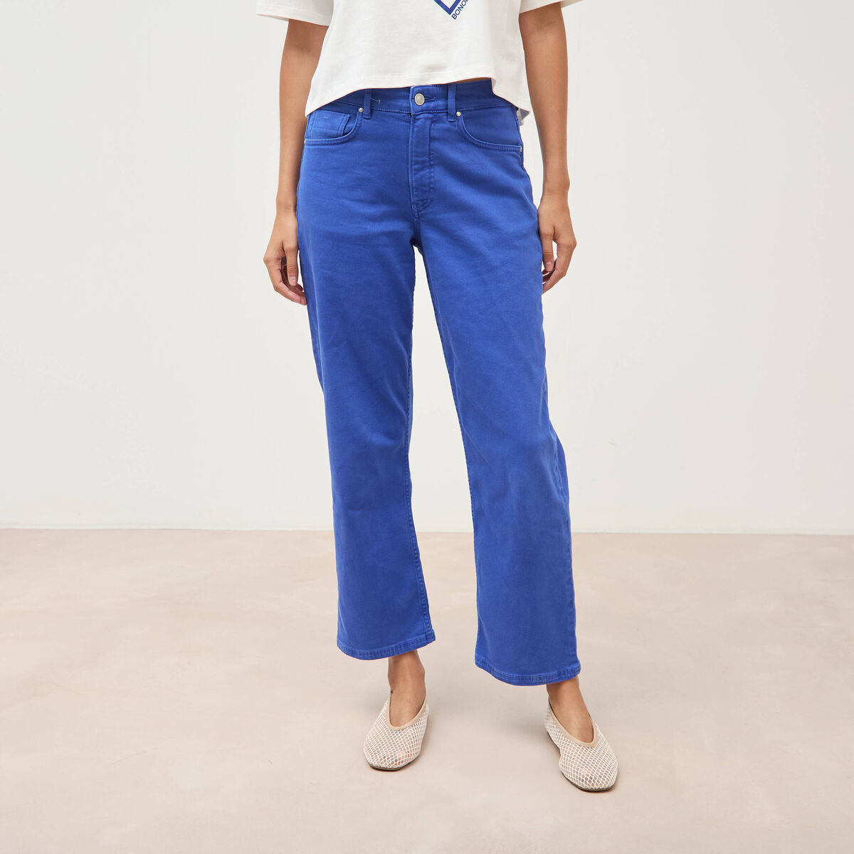 Pantalon straight taille haute bleu electrique femme