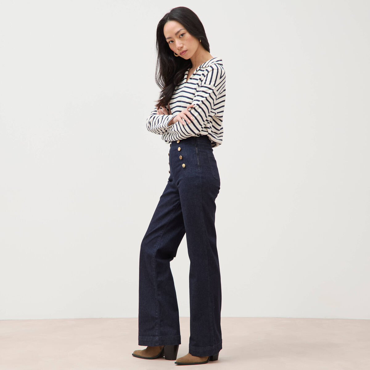 Jeans bootcut taille haute 7/8&egrave;me denim brut femme