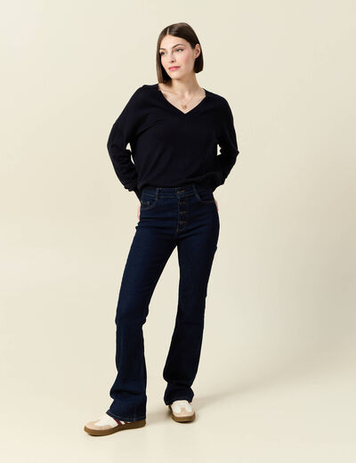 Pull fin col V manches longues bleu foncé femme
