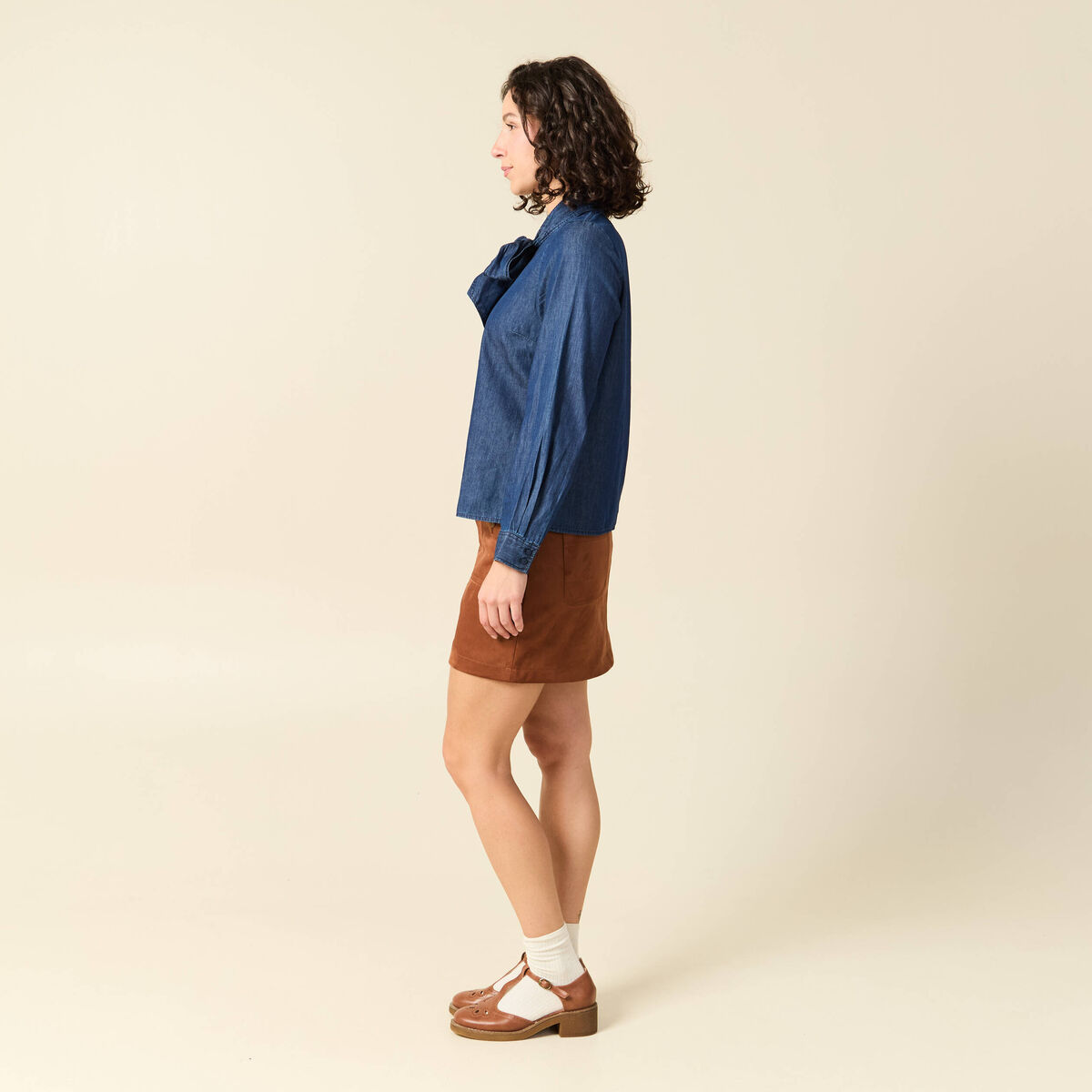Chemise &agrave; pans manches longues en coton denim stone femme