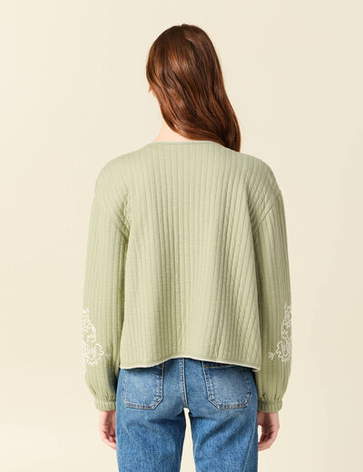 Cardigan droit court col rond brod&eacute; vert kaki femme