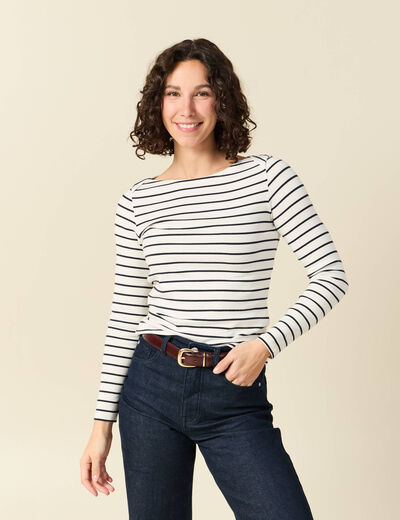 T-shirt ray&eacute; ajust&eacute; manches longues bleu femme