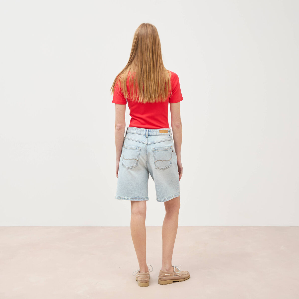 Bermuda jeans large taille haute denim snow bleach femme
