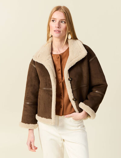 Manteau oversize court col classique marron fonc&eacute; femme