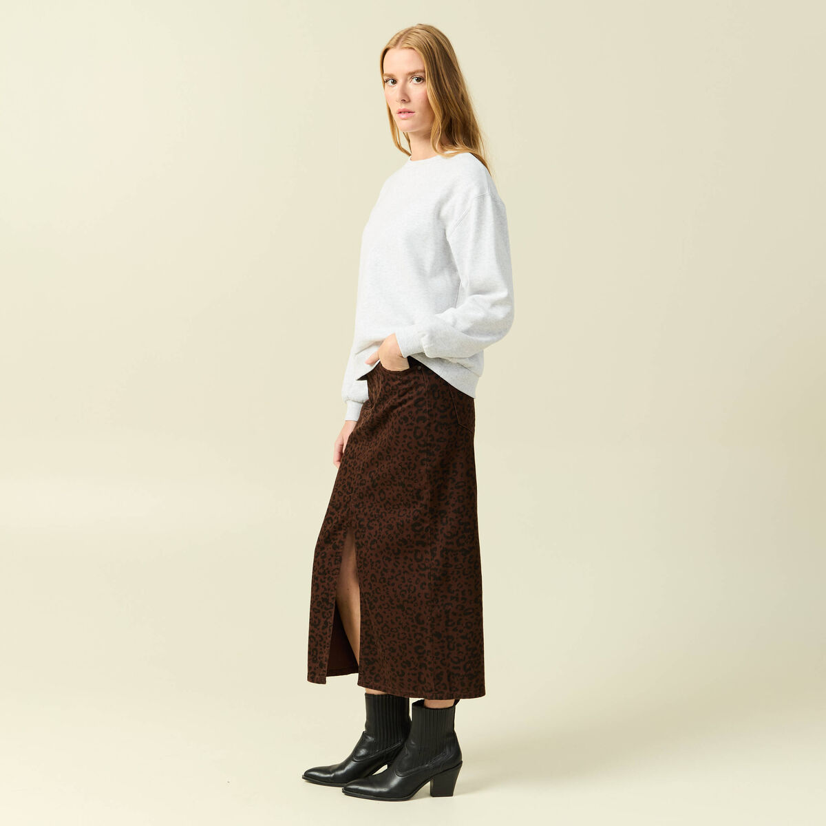 Jupe droite longue en coton marron cognac femme