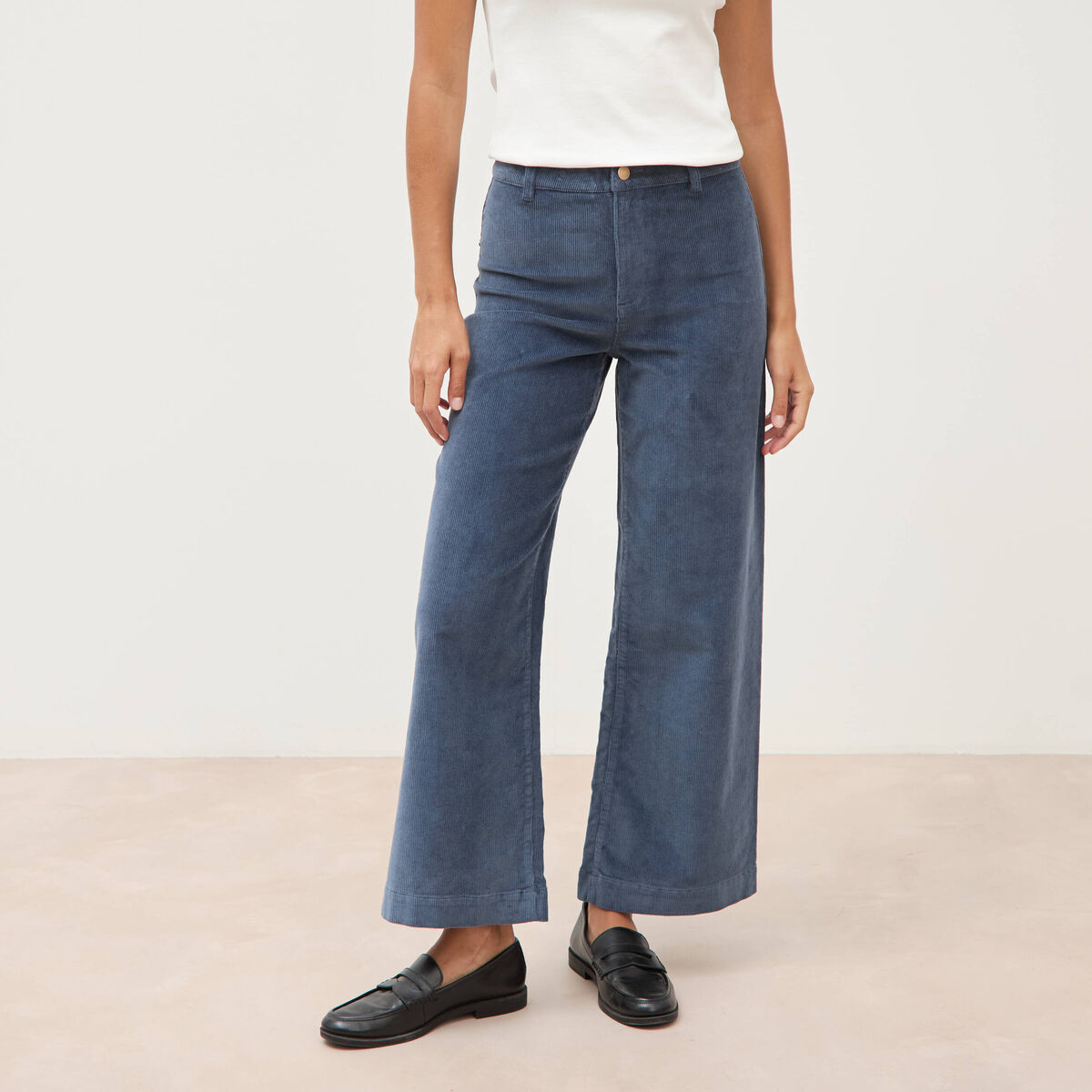 Pantalon large taille haute en velours gris femme