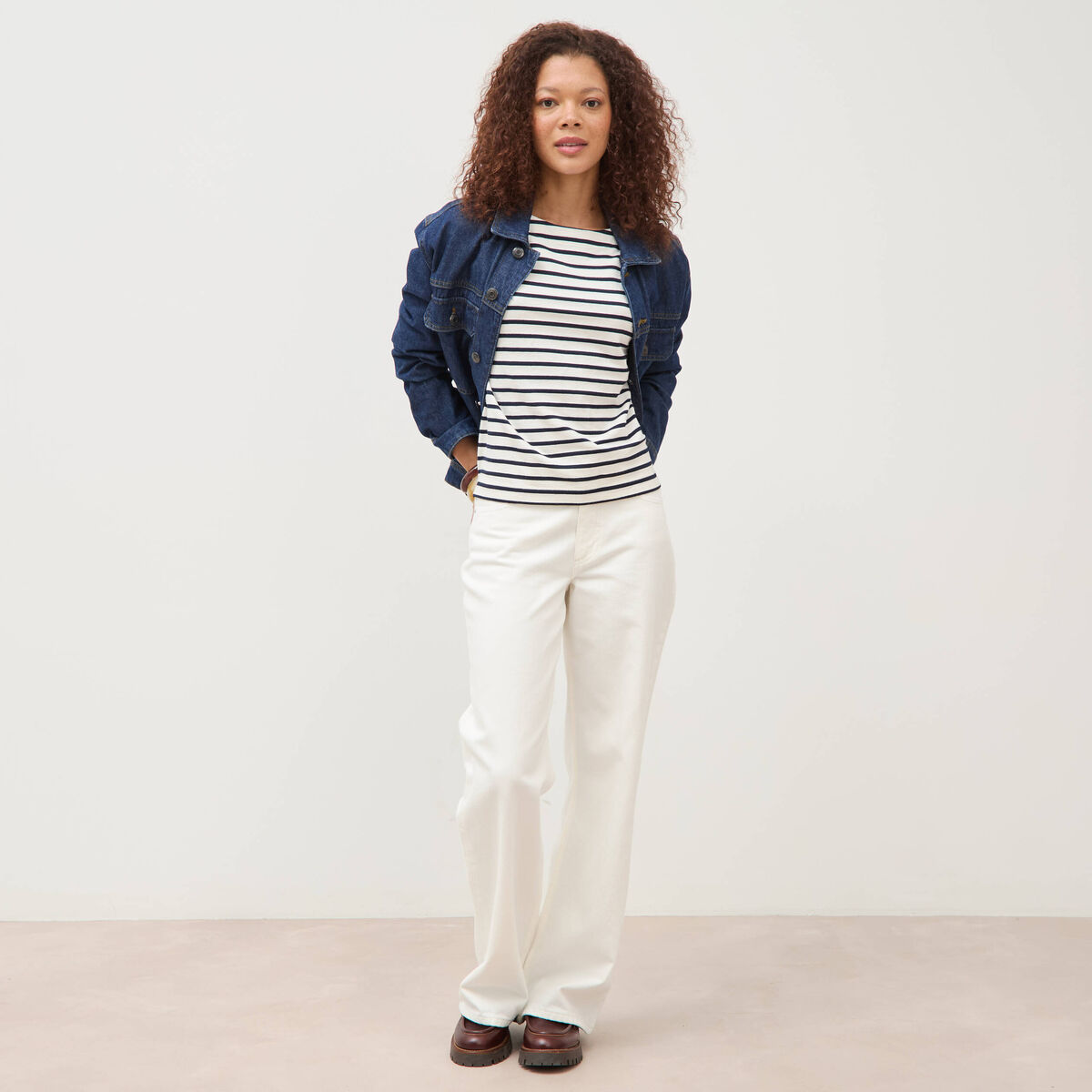Pull droit manches longues broderie ecru femme
