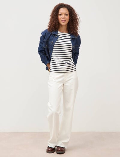 Pull droit manches longues broderie ecru femme