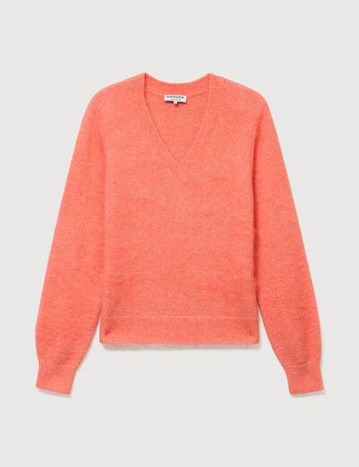 Pull droit col v manches longues rose corail femme