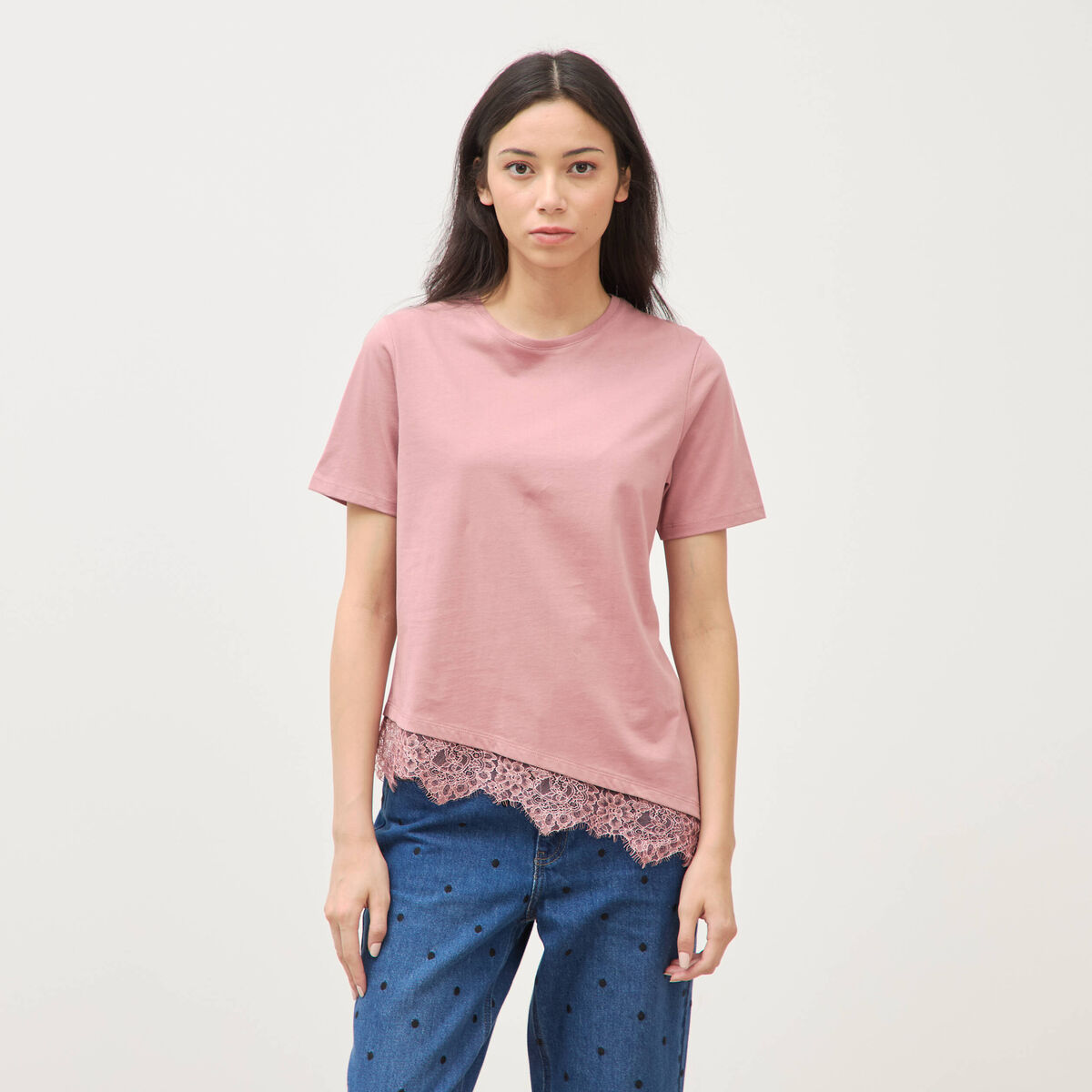 T-shirt droit col rond avec dentelle vieux rose femme